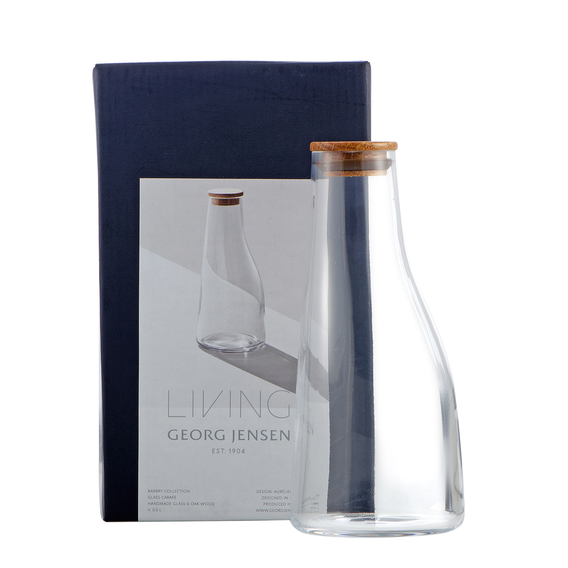 Georg Jensen Barbry Glass and Oak Wood Carafe 0.5 L