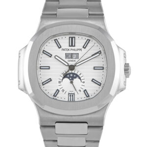 Pre-owned Patek Philippe Nautilus Annual Calendar Moon Phase steel white dial, complete set