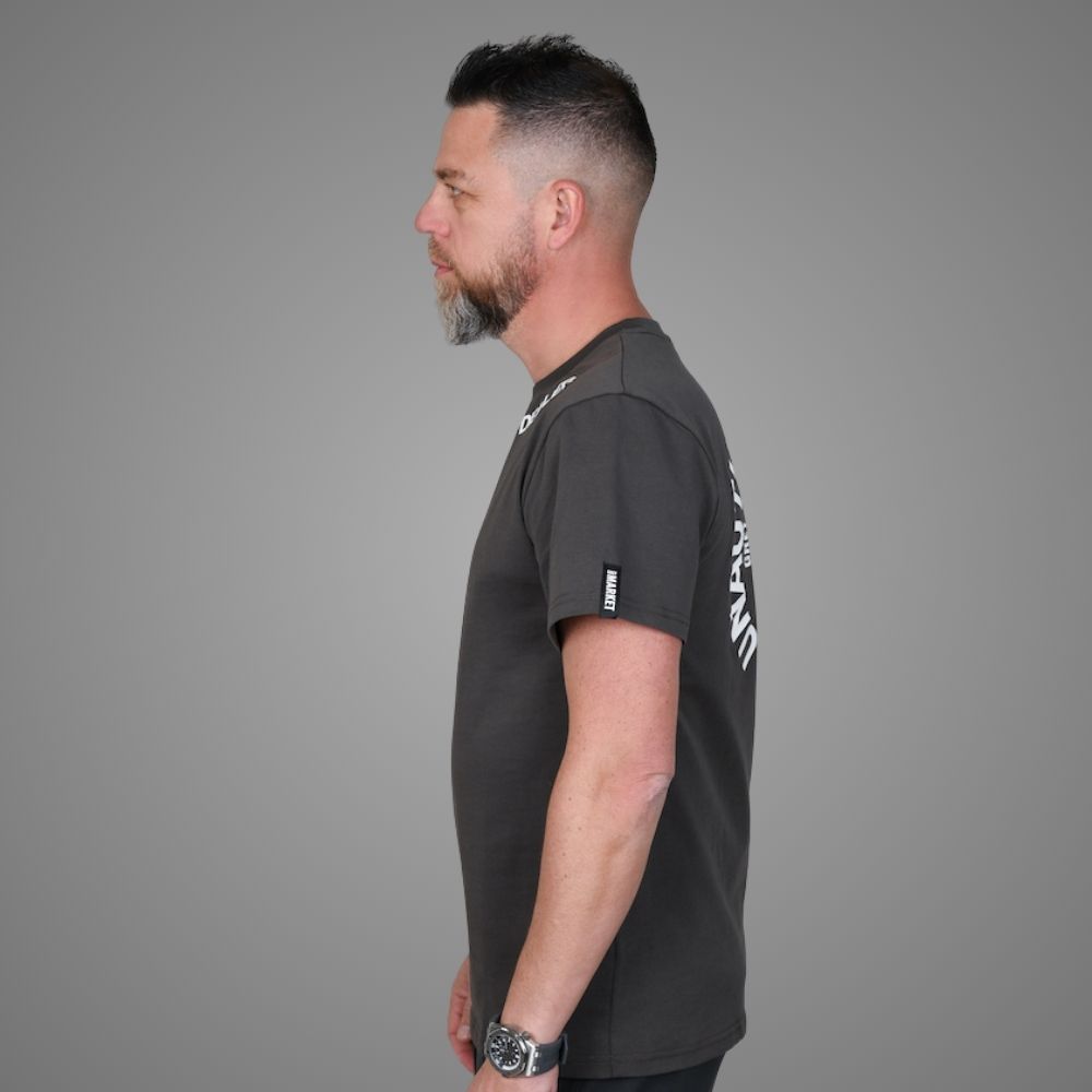 Luxury Bazaar Neck Logo "Unauthorized Dealer"® Crewneck T-Shirt - Dark Gray - Image 3