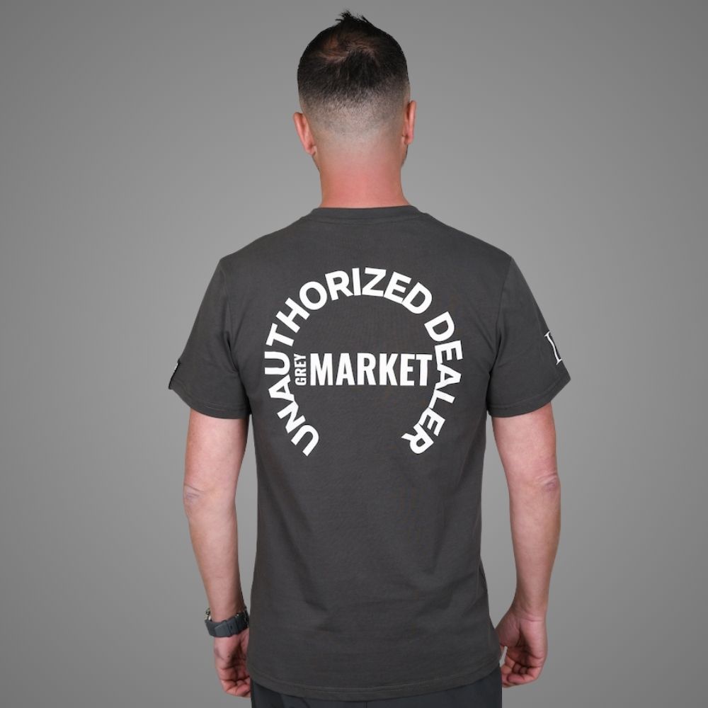 Luxury Bazaar Neck Logo "Unauthorized Dealer"® Crewneck T-Shirt - Dark Gray - Image 4
