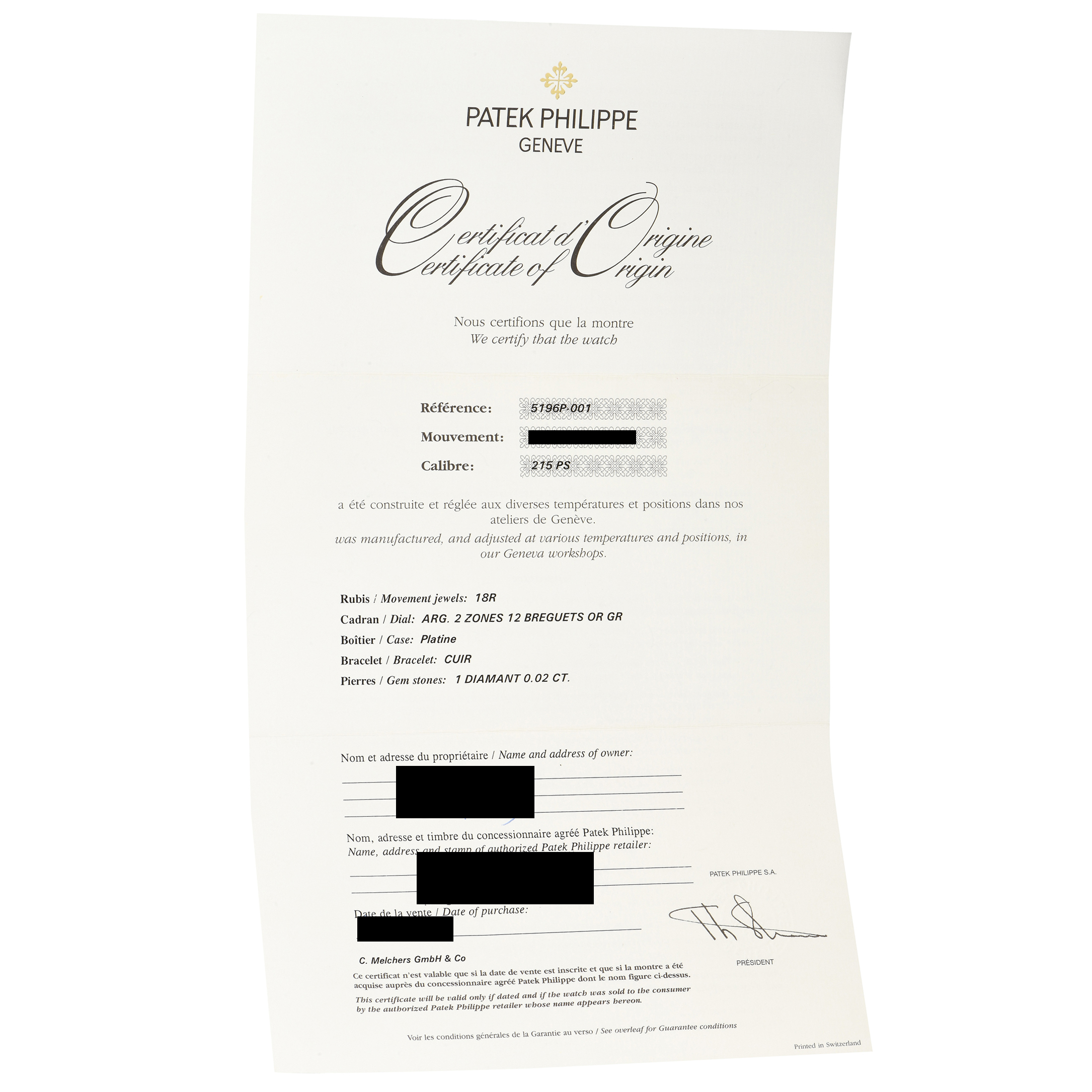 Patek Philippe Calatrava Small Seconds Platinum Watch 5196P-001