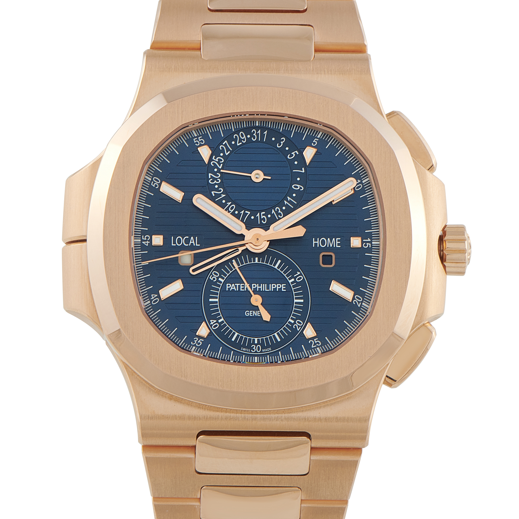 Patek Philippe Nautilus Travel Time Chronograph Rose Gold Blue Dial Watch 5990/1r-001