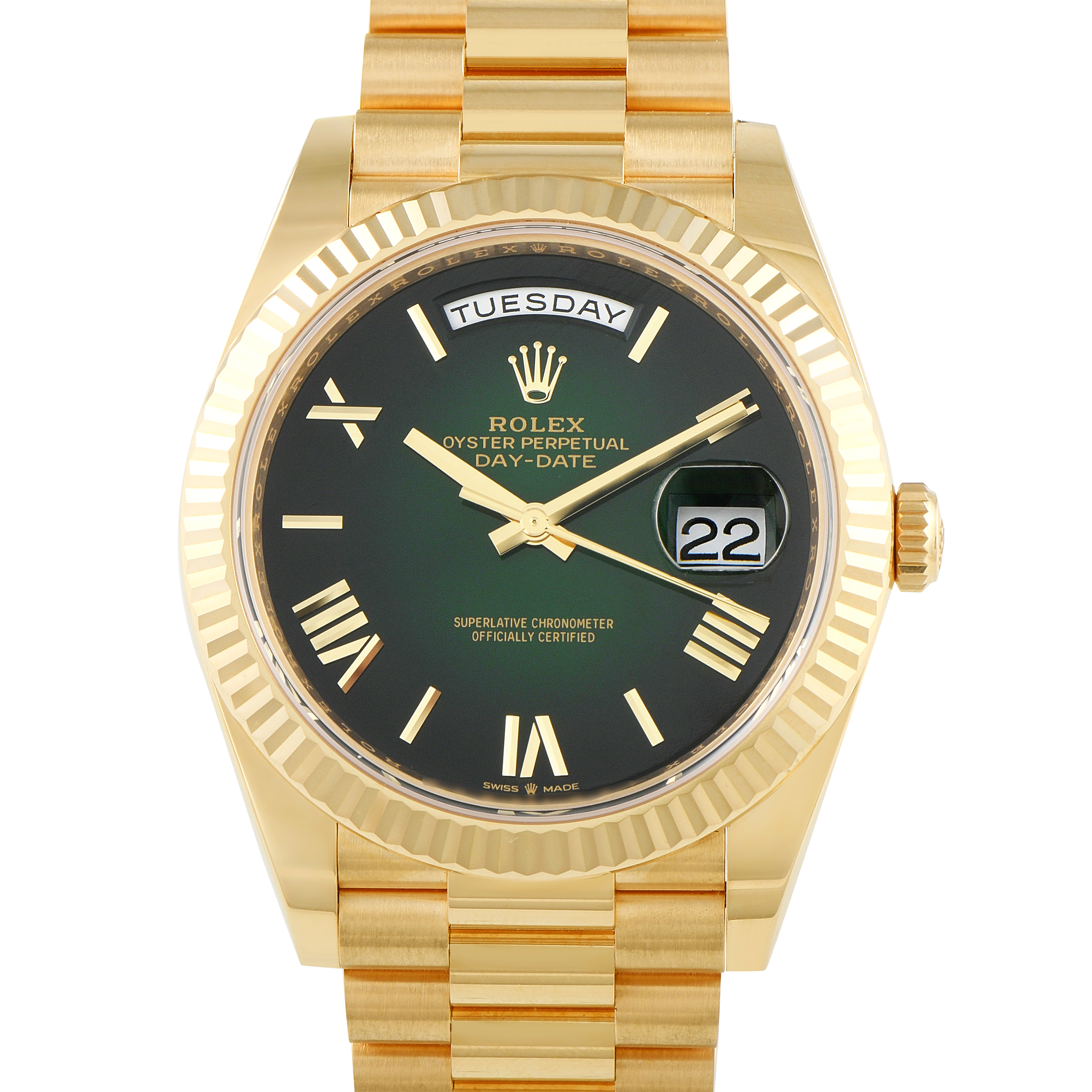 Rolex Day-Date 40 Green Roman Dial Yellow Gold President Watch 228238