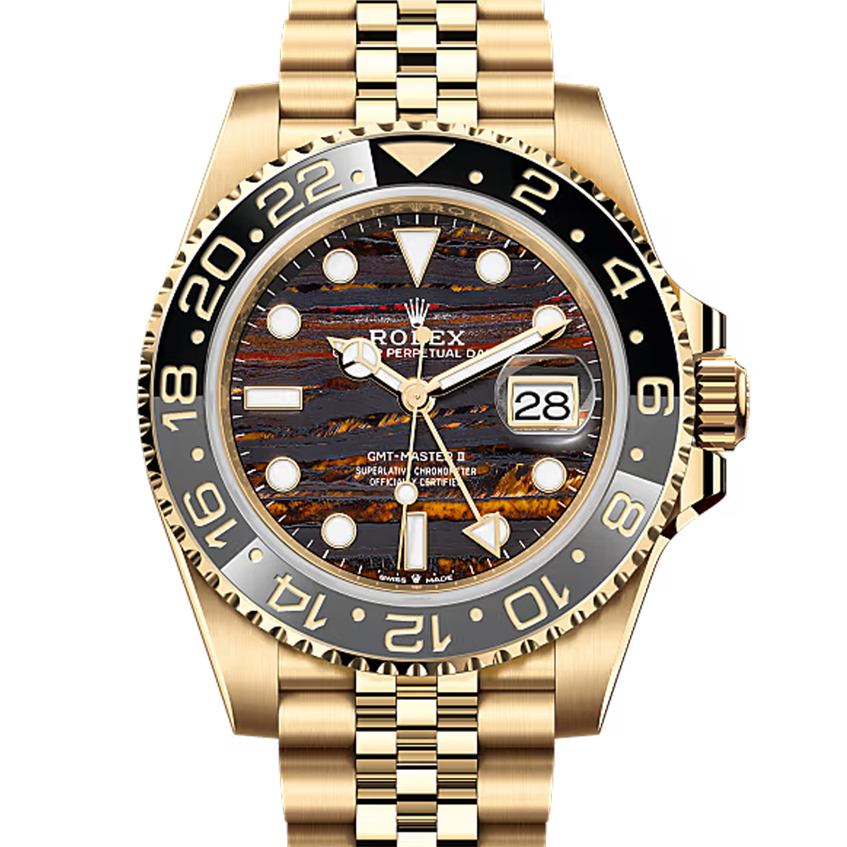 Rolex GMT-Master II Tiger Iron Dial Yellow Gold Jubilee Watch 126718GRNR
