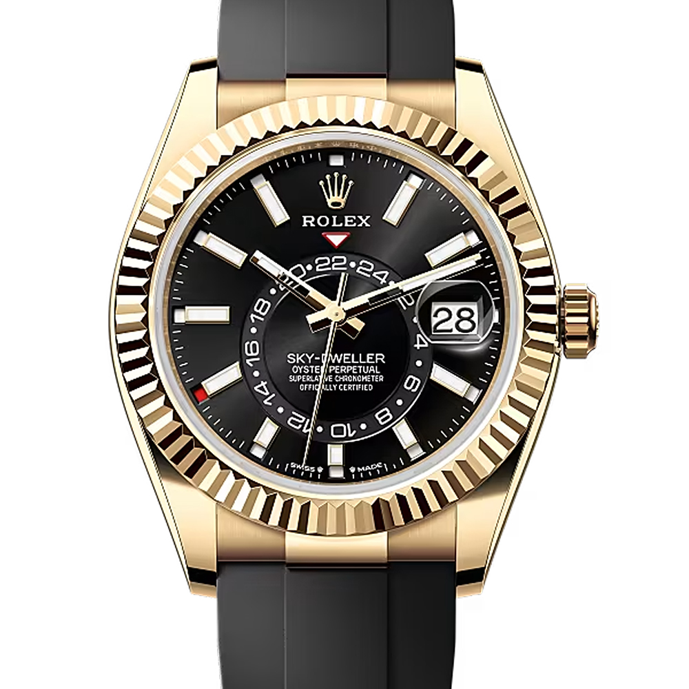 Rolex Sky-Dweller Black Dial Yellow Gold Oysterflex Watch 336238