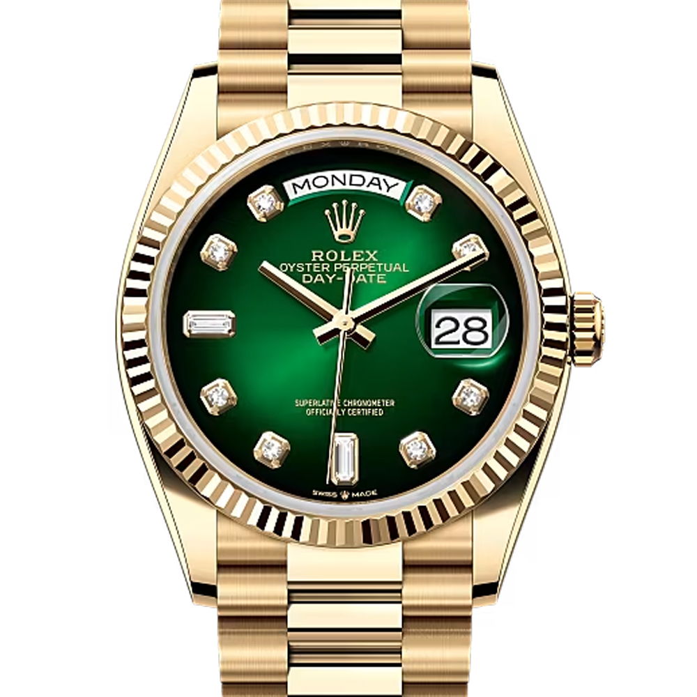 Rolex Day-Date 36 Green Ombre Diamond Dial Yellow Gold President Watch 128238