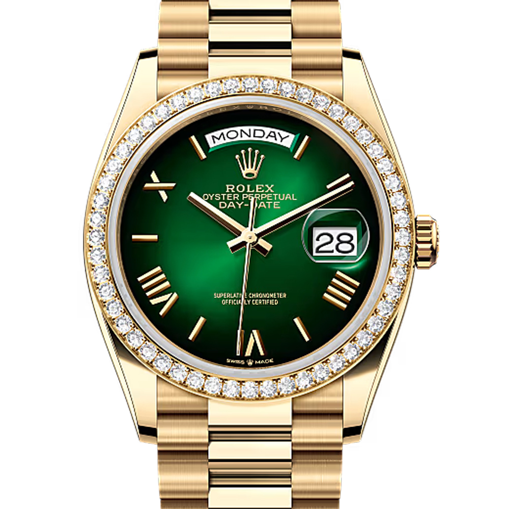 Rolex Day-Date 36 Green Ombre Dial Diamond Bezel Yellow Gold President Watch 128348RBR