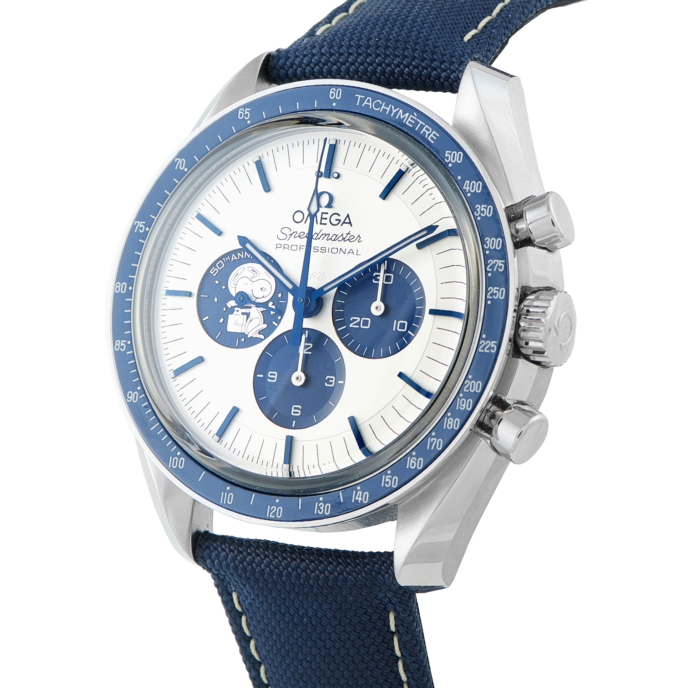 Omega Speedmaster Silver Snoopy Award 50th Anniversary Steel Watch 310.32.42.50.02.001 side view