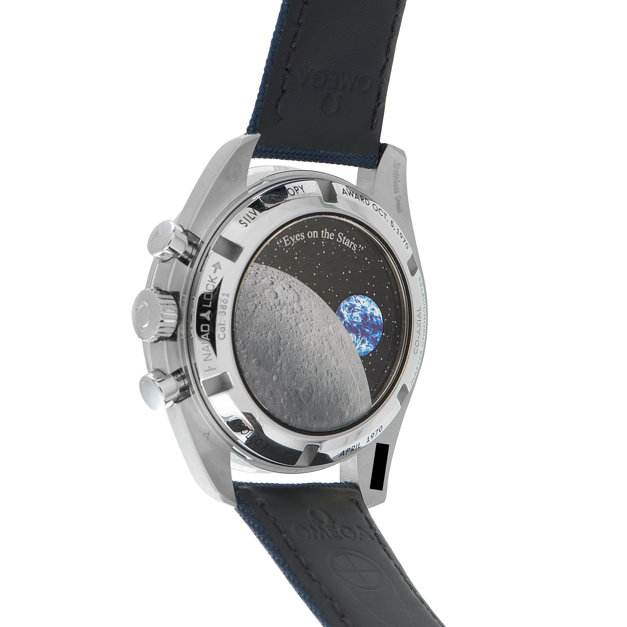 Omega Speedmaster Silver Snoopy Award 50th Anniversary Steel Watch 310.32.42.50.02.001 caseback view