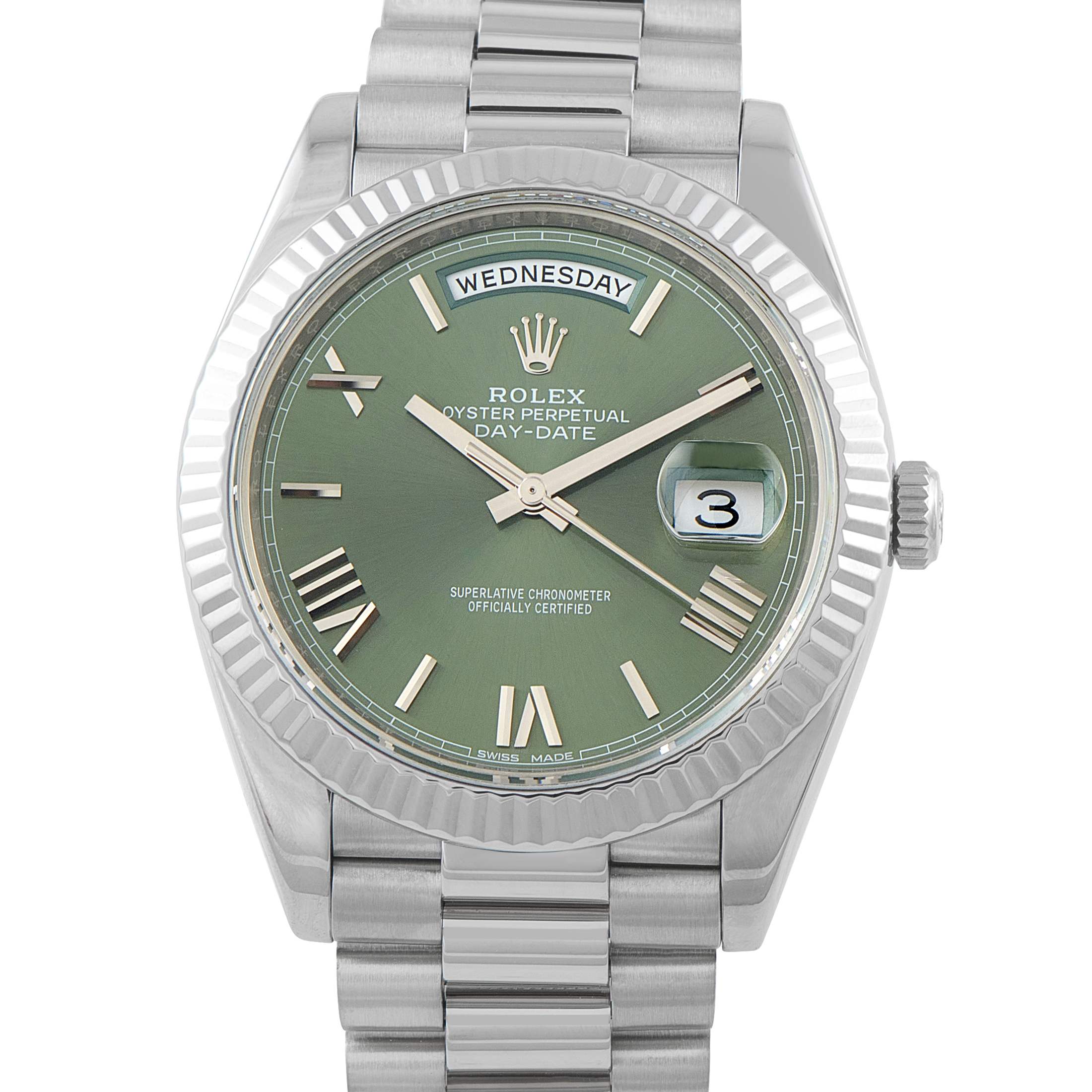 Rolex Day-Date 40 Olive Green Roman Dial White Gold President Watch 228239