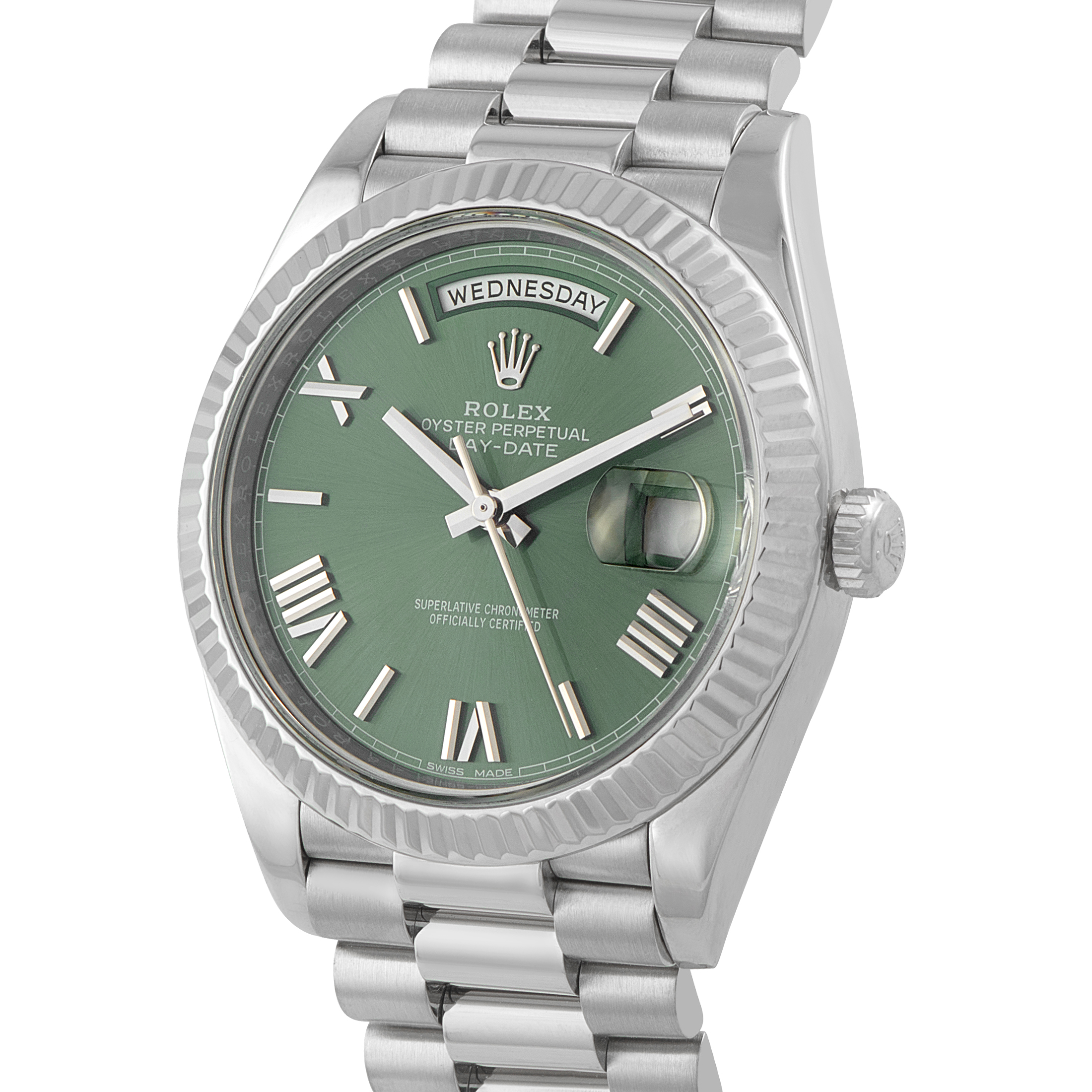 Rolex Day-Date 40 Olive Green Roman Dial White Gold President