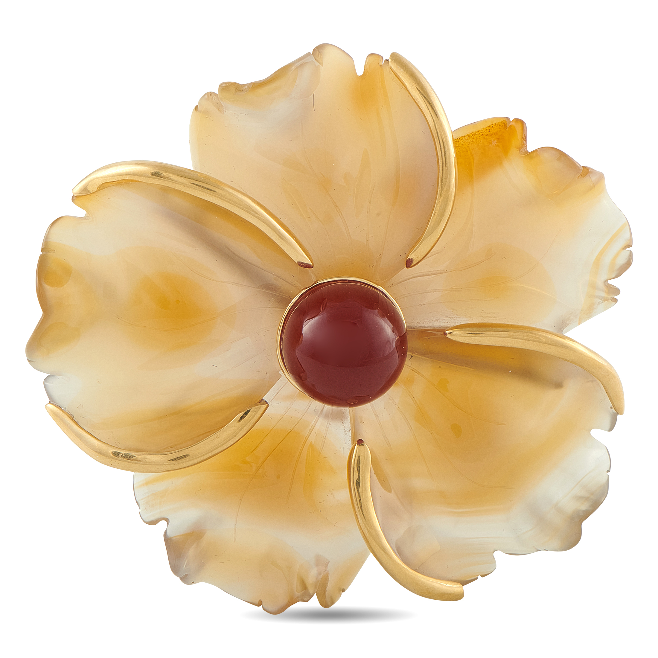 Andrew Clunn 18K Yellow Gold Agate and Cornelian Flower Brooch AC24-022326