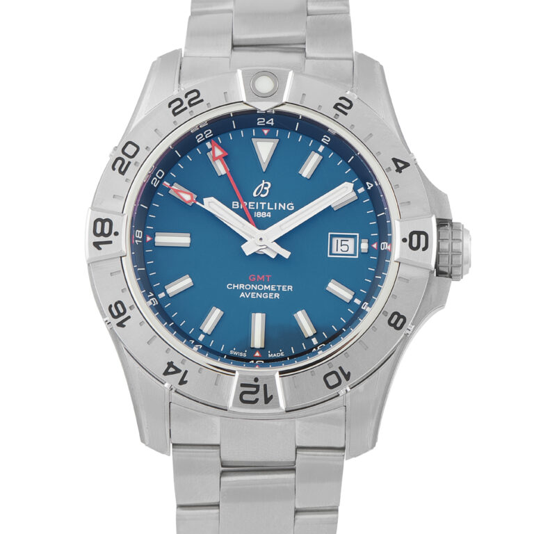 Pre-owned Breitling Avenger Automatic GMT 44mm steel blue dial bidirectional bezel