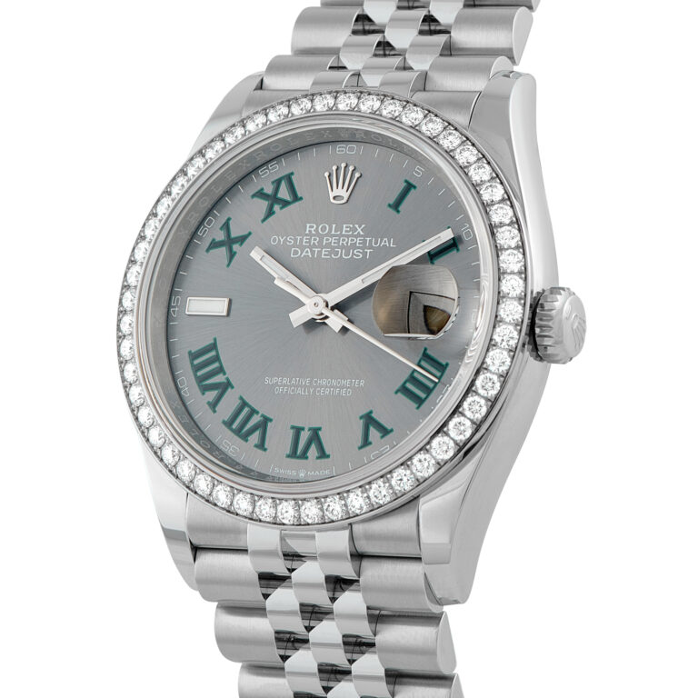 Rolex Datejust 36 Wimbledon Dial Diamond Bezel Jubilee Watch 126284RBR side view