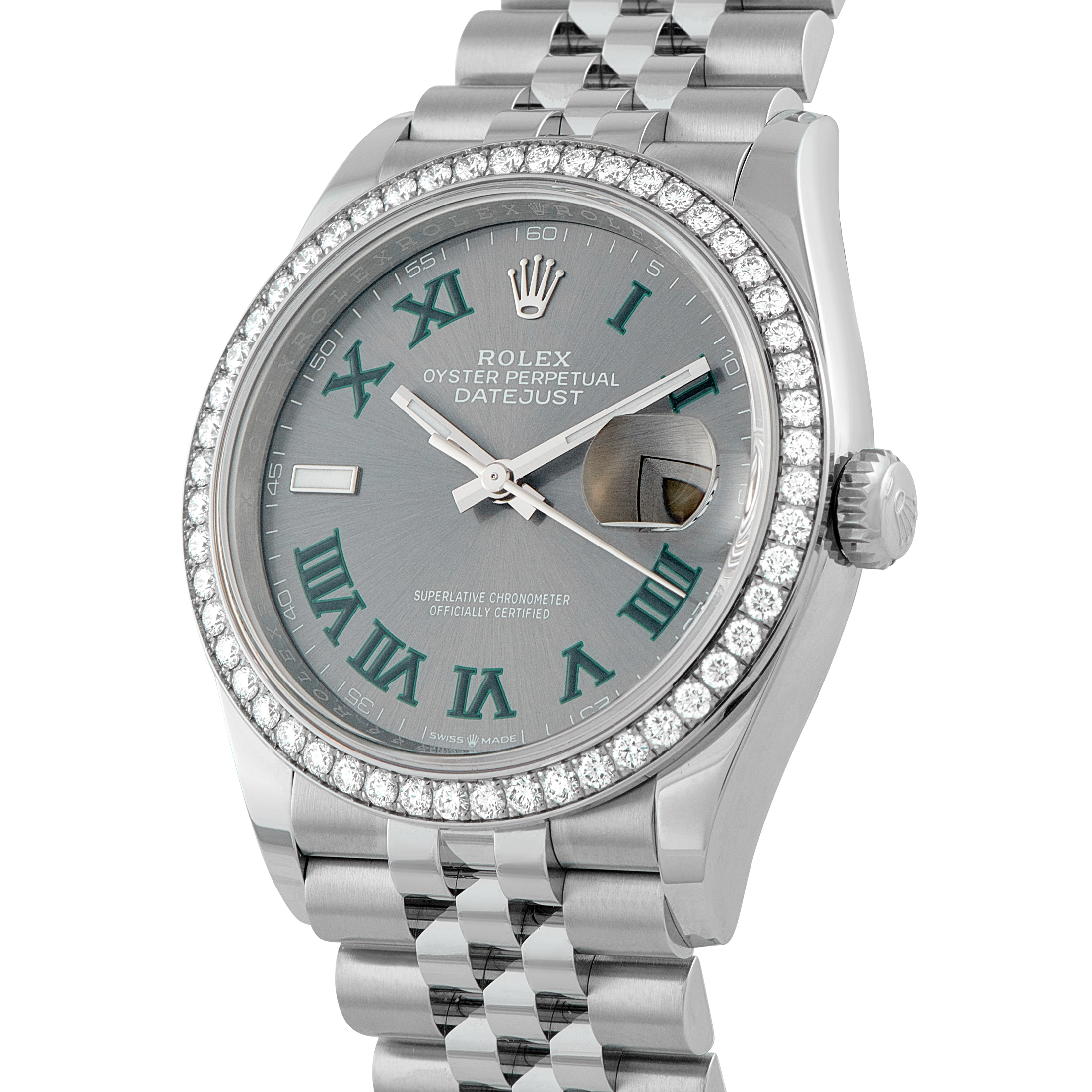 Rolex Datejust 36 Wimbledon Dial Diamond Bezel Jubilee Watch 126284RBR side view
