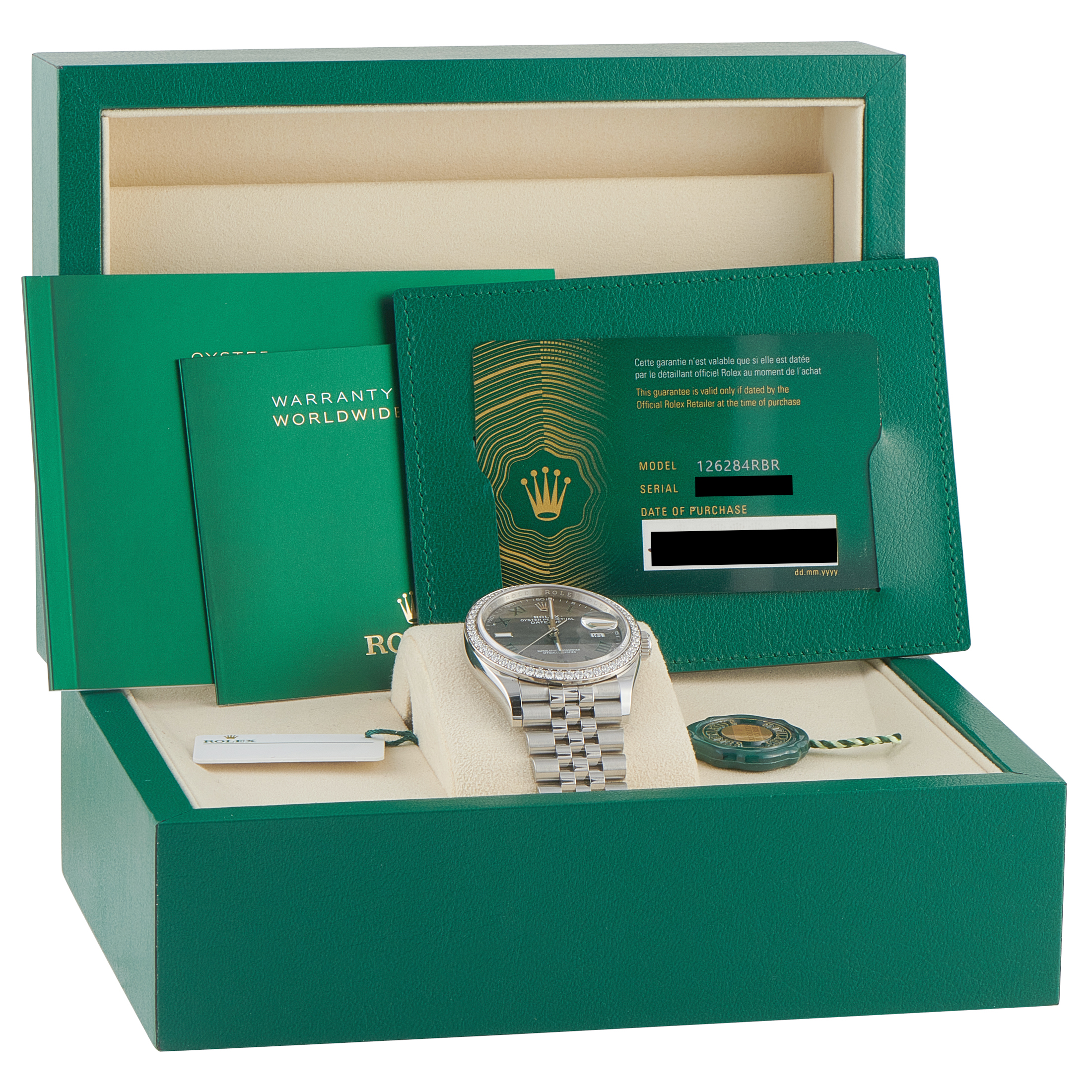 Rolex Datejust 36 Wimbledon Dial Diamond Bezel Jubilee Watch 126284RBR box and papers