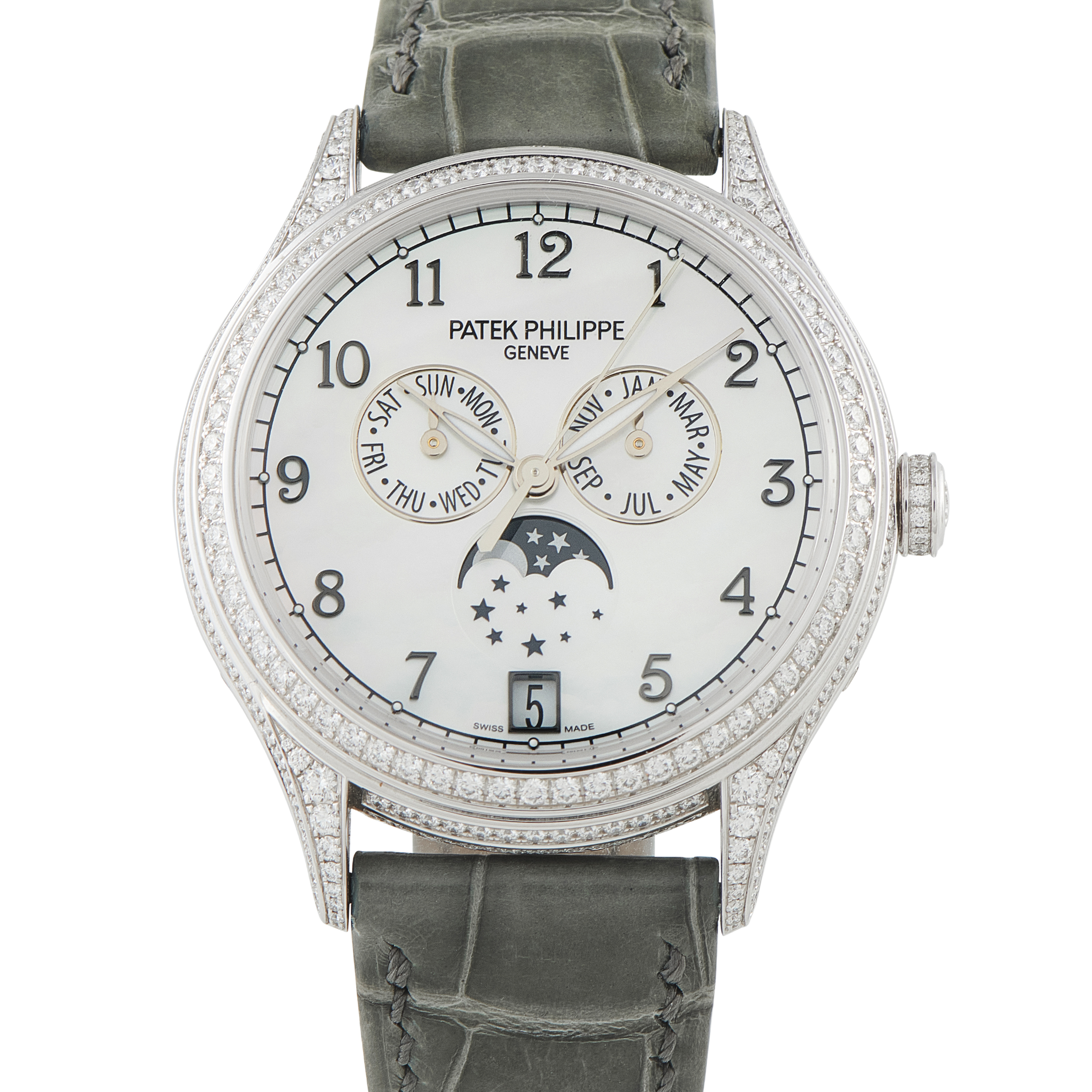 Patek Philippe Complications Annual Calendar Diamond and Mother of Pearl White Gold Watch 4948G-010