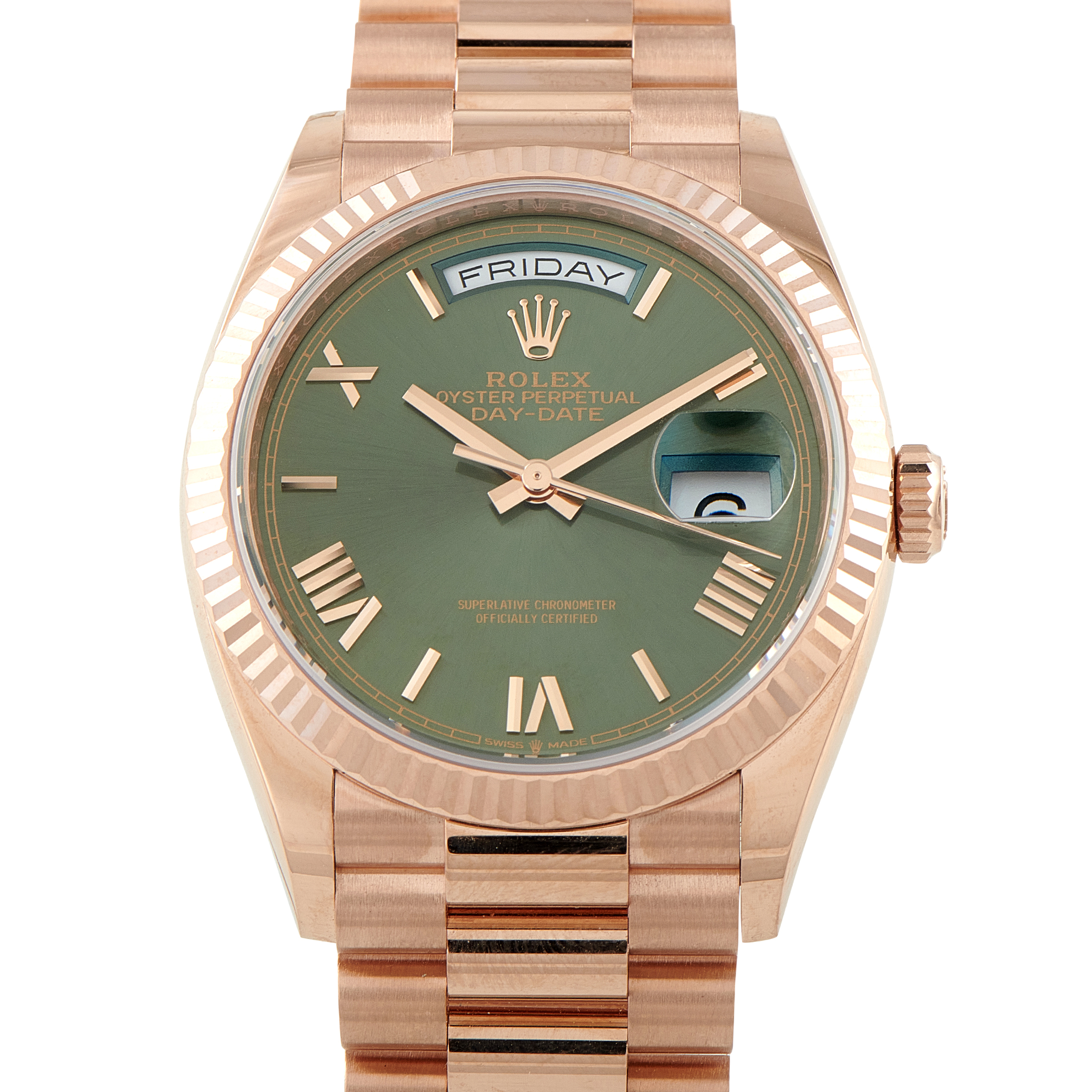 Rolex Day-Date 36 Green Dial Everose Gold President Watch 128235-0089
