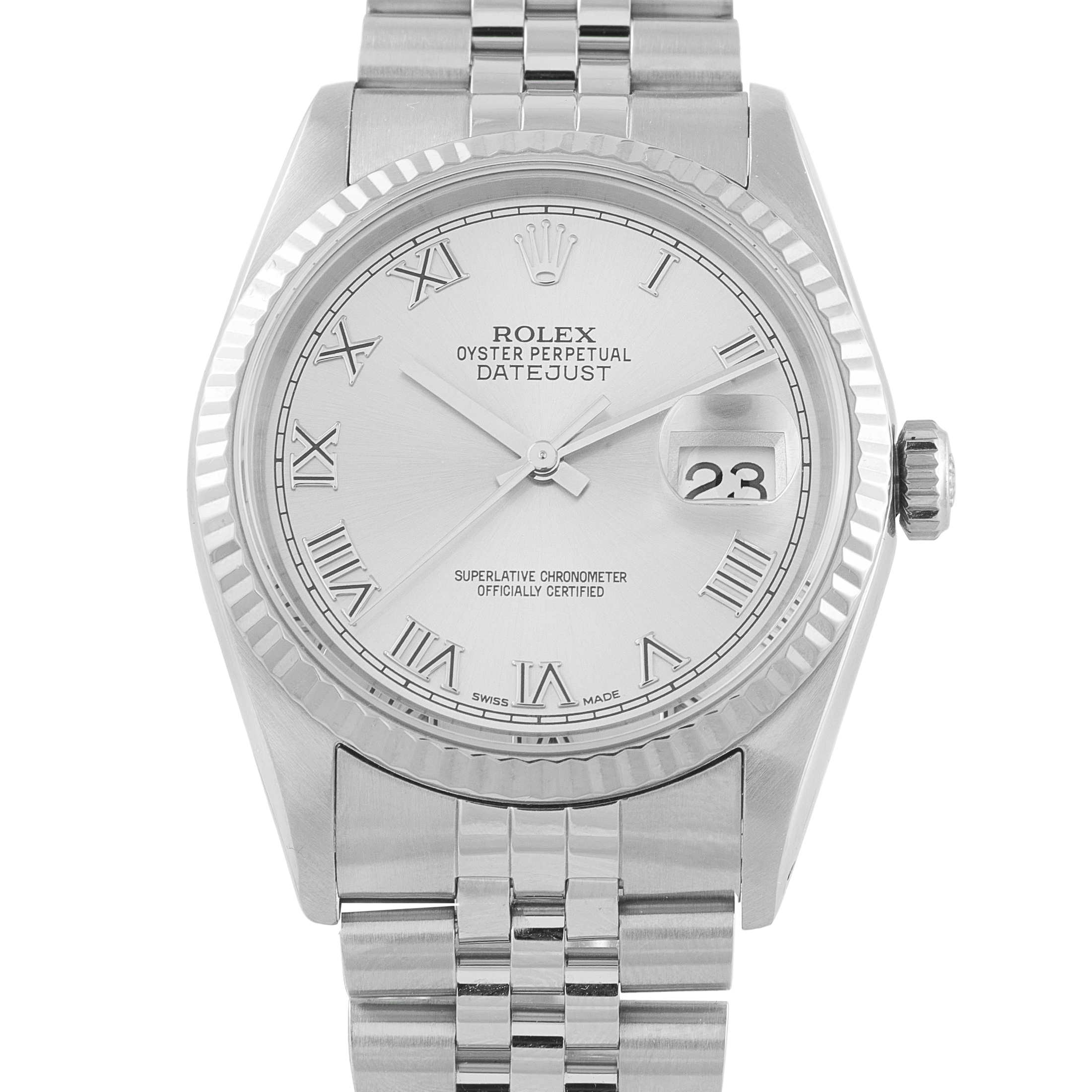 Rolex Datejust 36 Silver Roman Dial Steel Jubilee Watch 16234