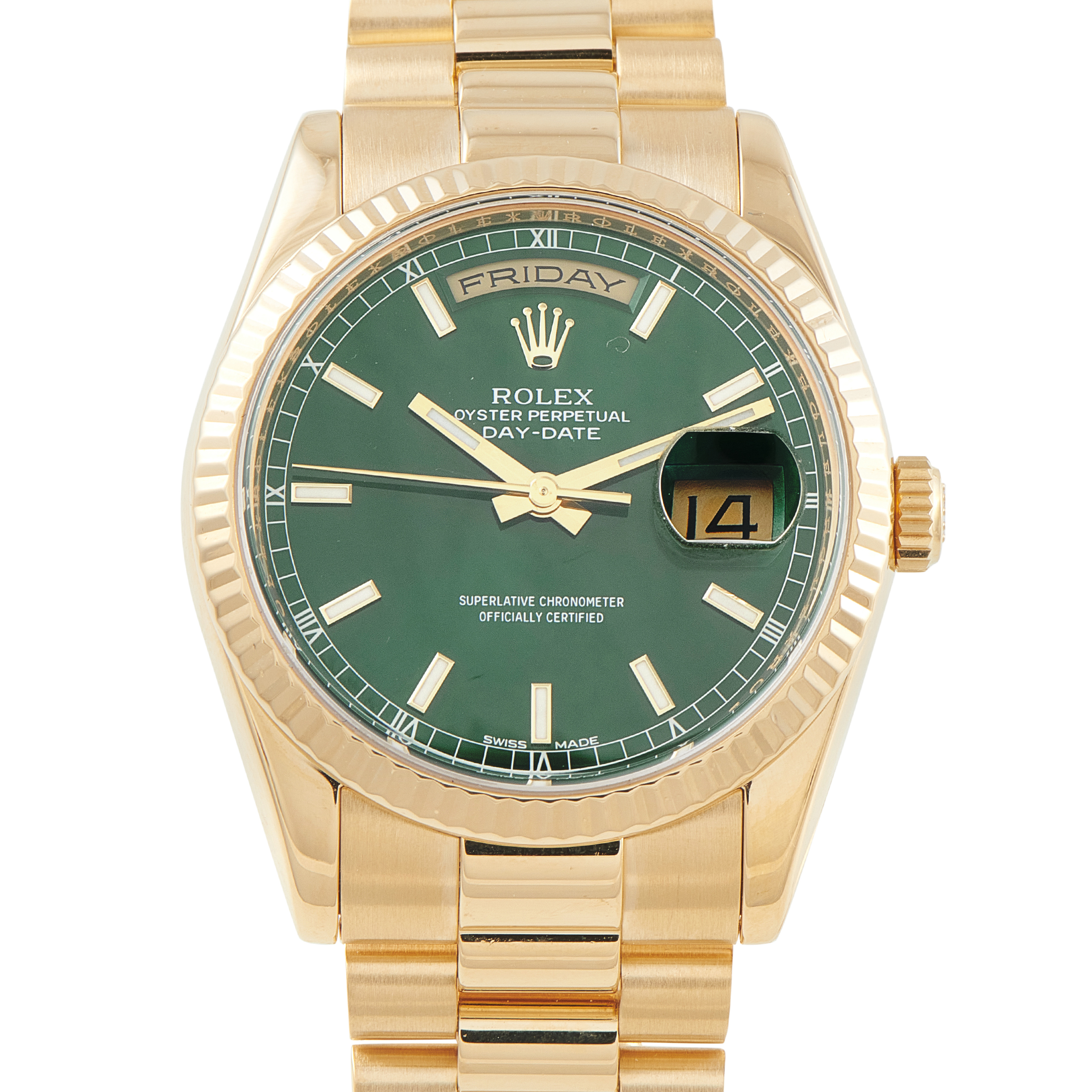 Rolex Day-Date Green Dial Yellow Gold President Watch 118238