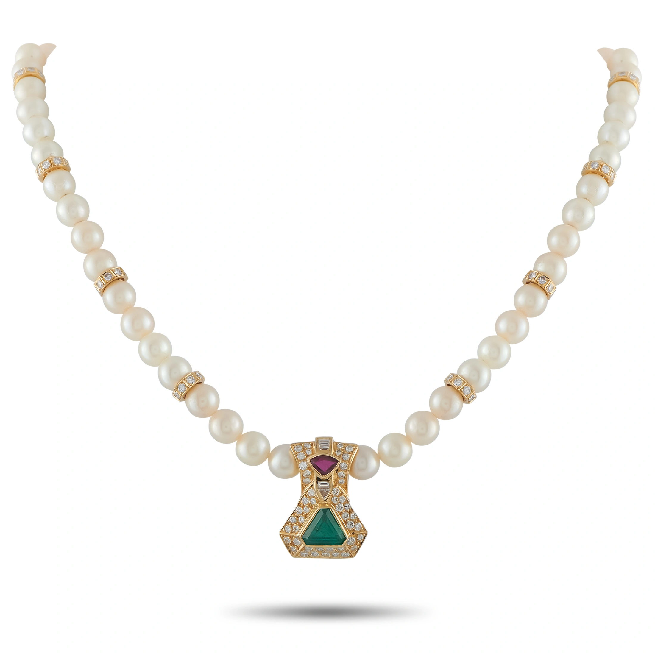 LB Exclusive 18K Yellow Gold 3.65ct Diamond, Emerald, and Ruby Cultured Pearl Necklace MF26- 070926