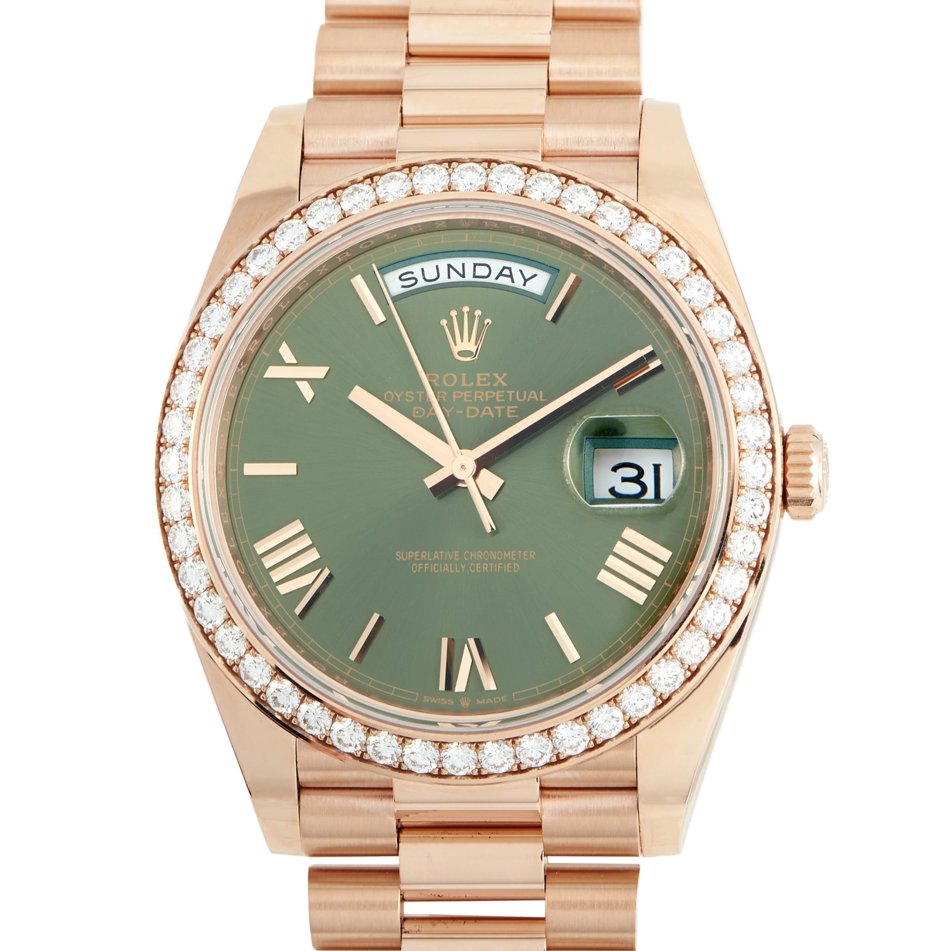 Rolex Day-Date 40 Green Dial Diamond Bezel Everose Gold President Watch 228345RBR-0011