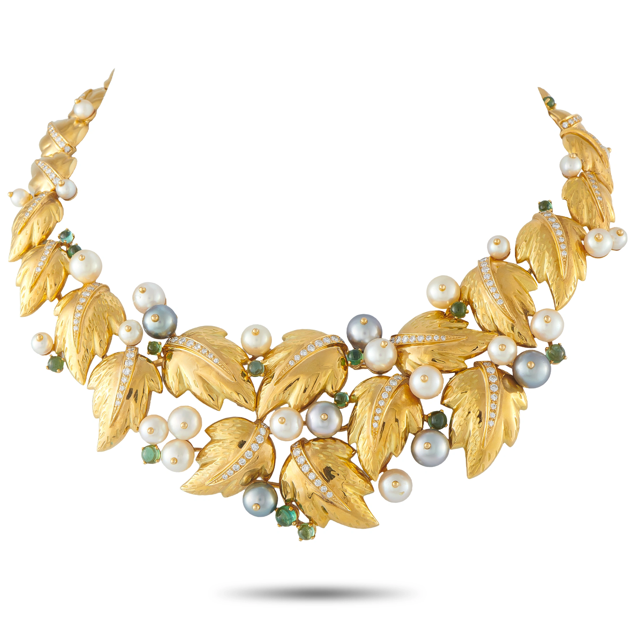 Chaumet 18K Yellow Gold 2.20ct Diamond, Pearl, and Tourmaline Foliage Bib Necklace CH02-080626