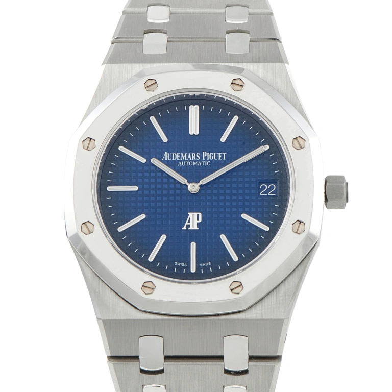 Audemars Piguet Royal Oak Jumbo 15202IP in titanium with platinum bezel and smoked blue dial