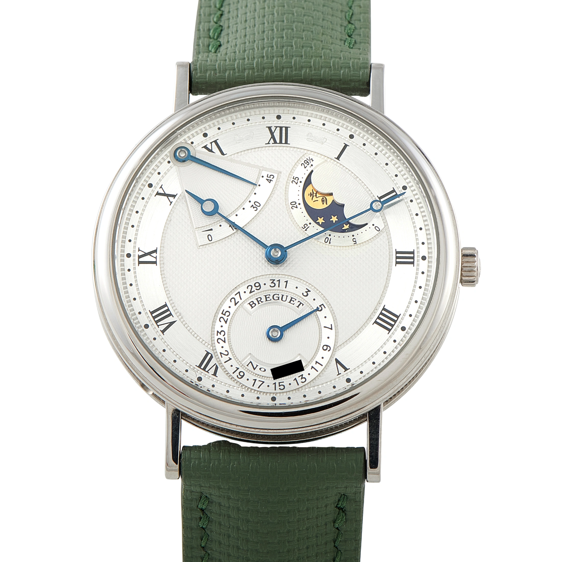 Breguet Classique Moon Phase Power Reserve Retrograde Date Silver Dial White Gold Watch 3130BB/11/BA0