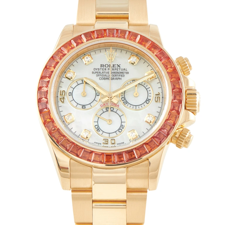 Rolex Daytona Mother-of-Pearl Diamond Dial Orange Sapphire Bezel Yellow Gold Watch 116578SACO