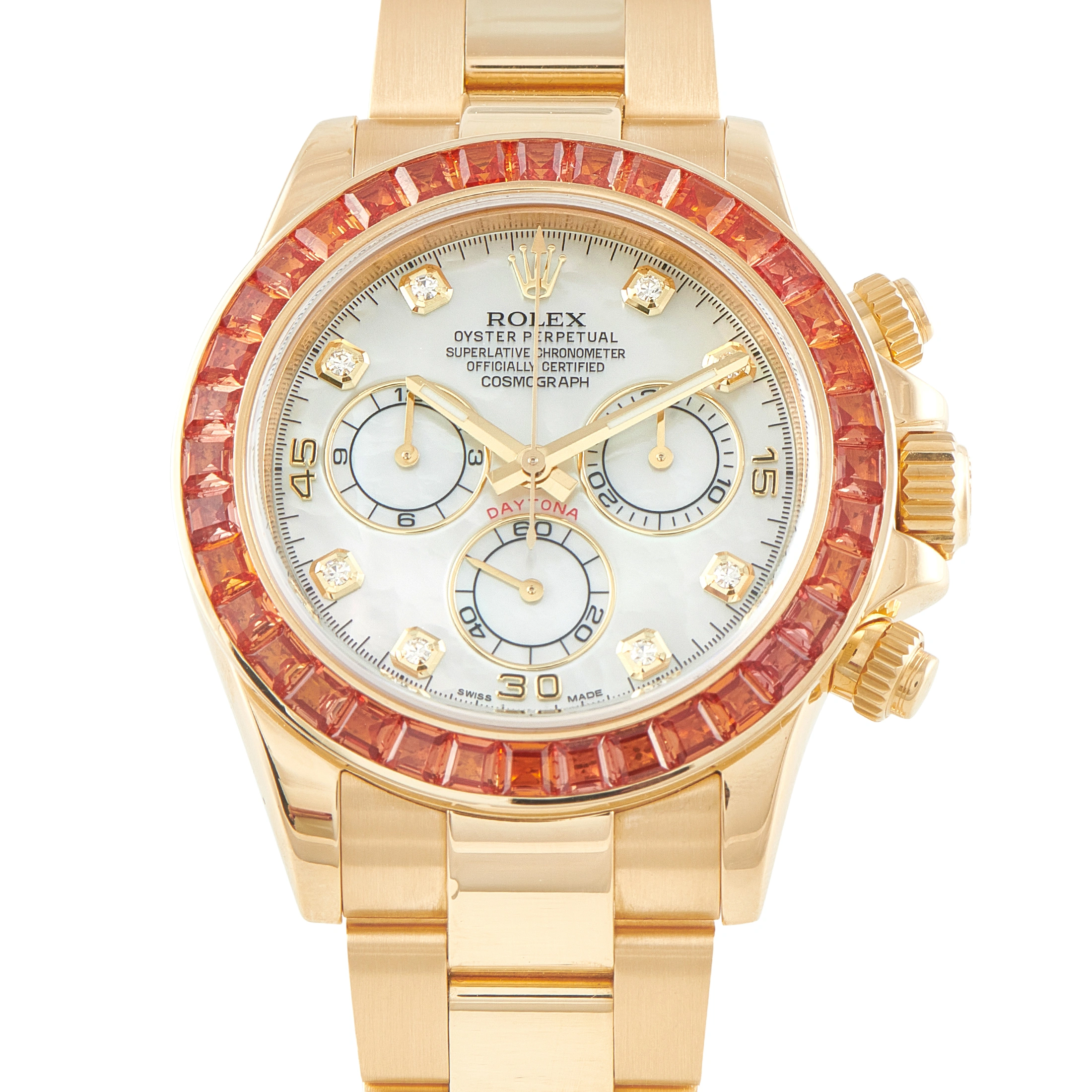 Rolex Daytona Mother-of-Pearl Diamond Dial Orange Sapphire Bezel Yellow Gold Watch 116578SACO