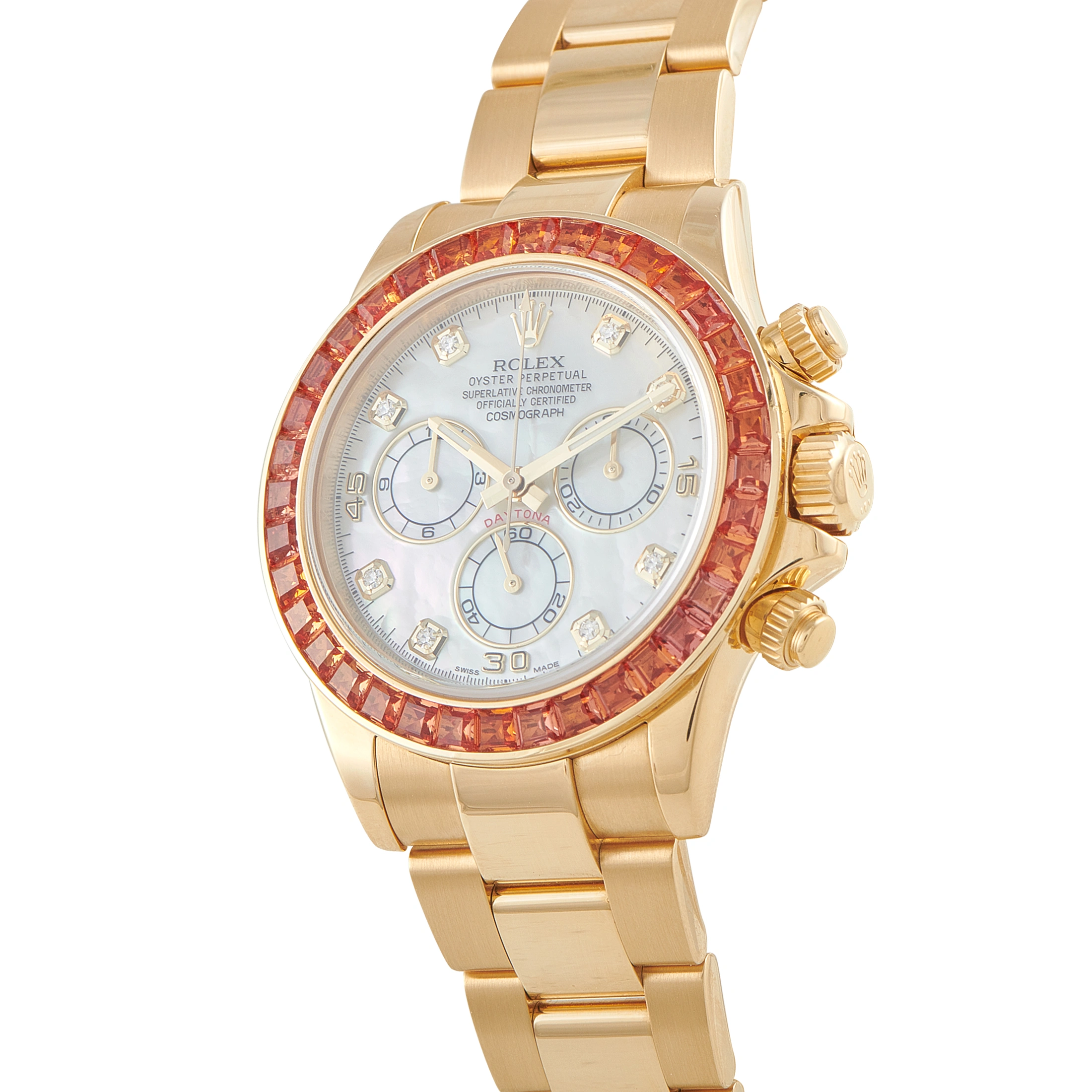 Rolex Daytona Mother-of-Pearl Diamond Dial Orange Sapphire Bezel Yellow Gold Watch 116578SACO - Image 2