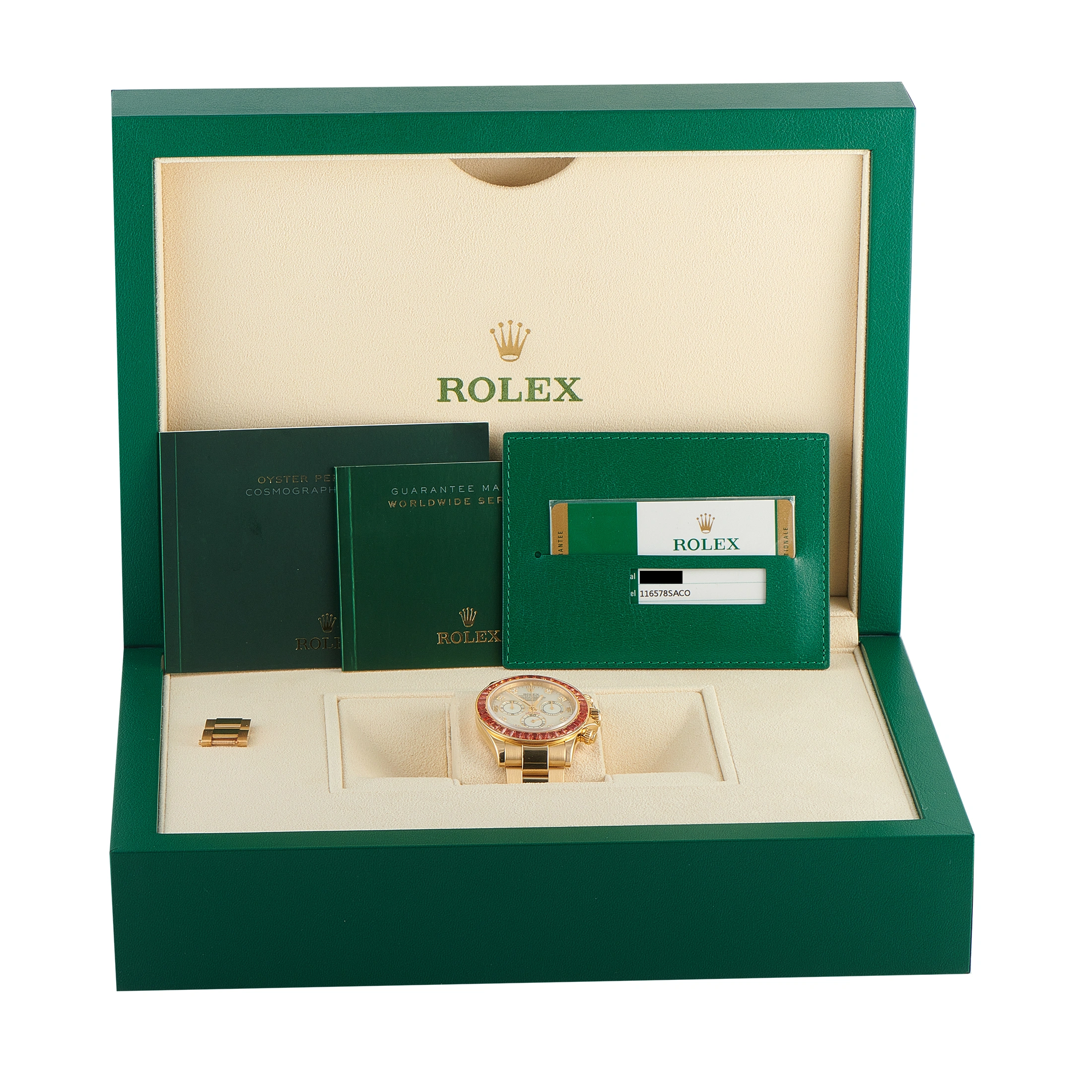 Rolex Daytona Mother-of-Pearl Diamond Dial Orange Sapphire Bezel Yellow Gold Watch 116578SACO - Image 5