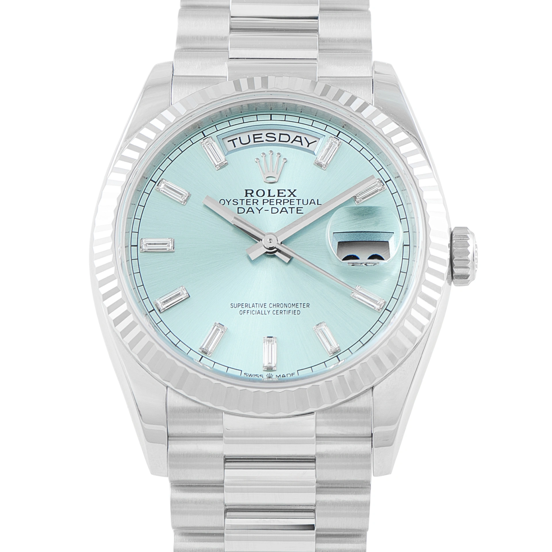 Rolex Day-Date 36 Ice Blue Baguette Diamond Dial Platinum President Watch 128236