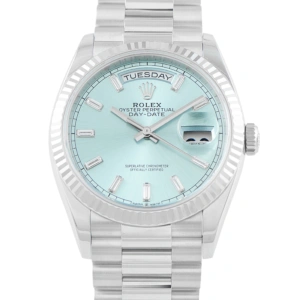 Rolex Day-Date 36 Ice Blue Baguette Diamond Dial Platinum President Watch 128236