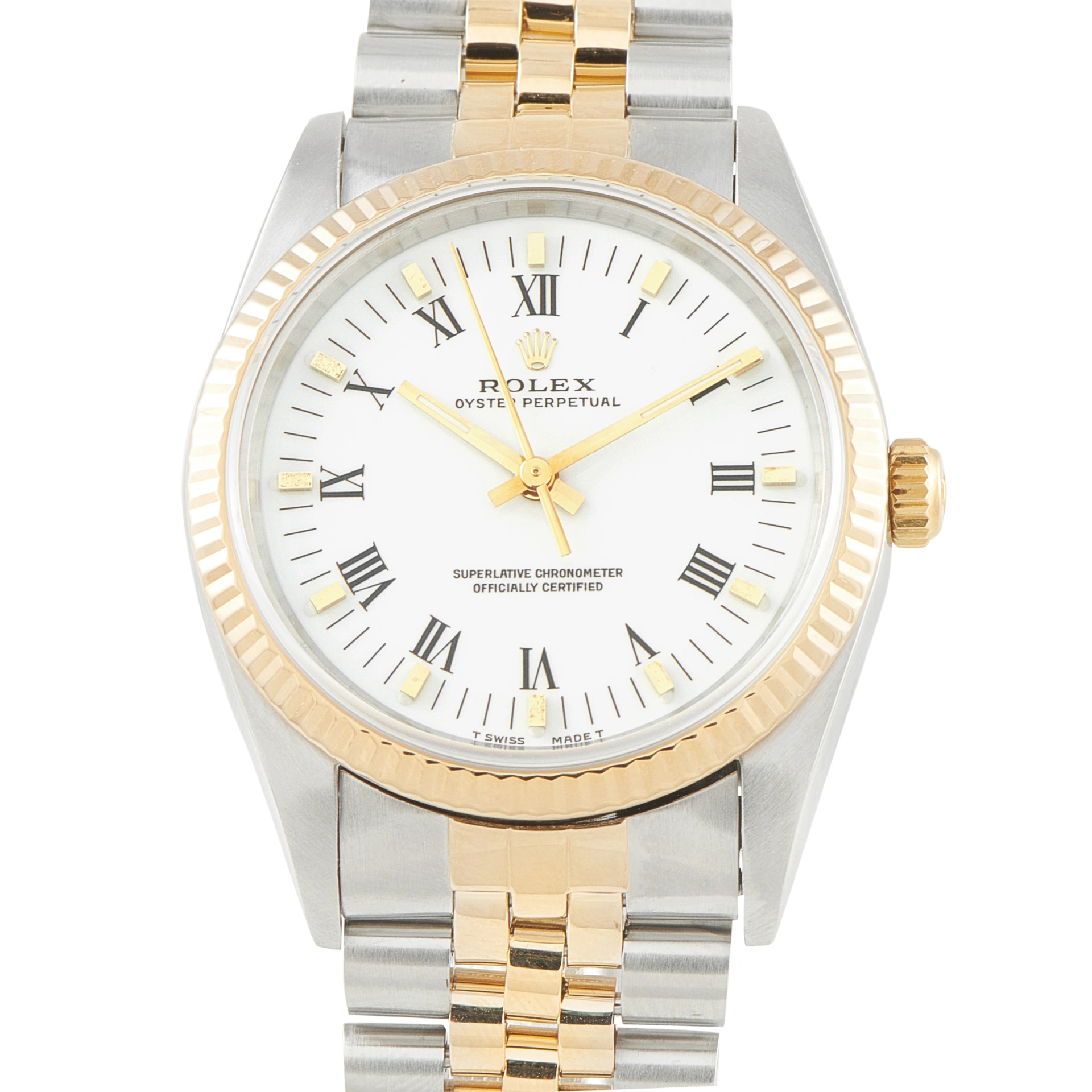 Rolex Oyster Perpetual 34 White Roman Dial Two-Tone Jubilee Watch 14233